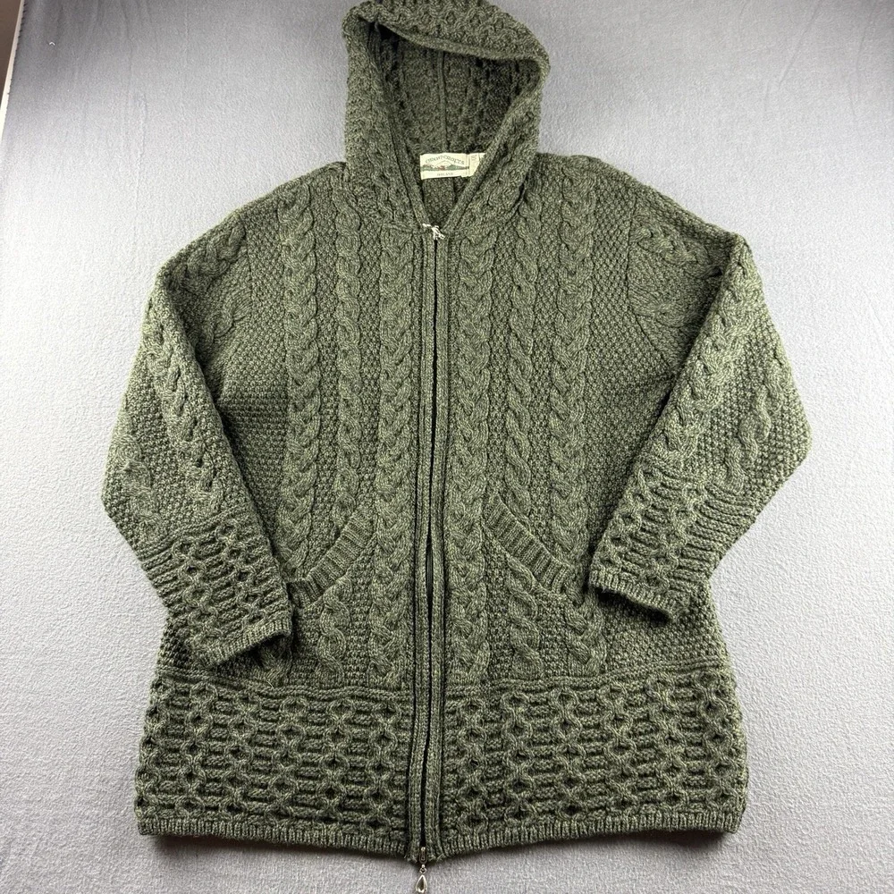 Aran Crafts Hoodie Women's 2XL Green Merino Wool Fisherman Cable Knit Full Zip - Picture 2 of 10